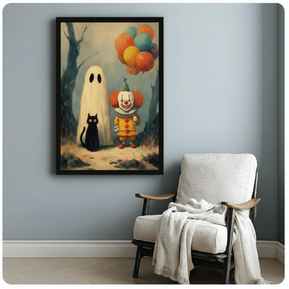 Vintage Halloween Ghost & Clown Canvas Wall Art