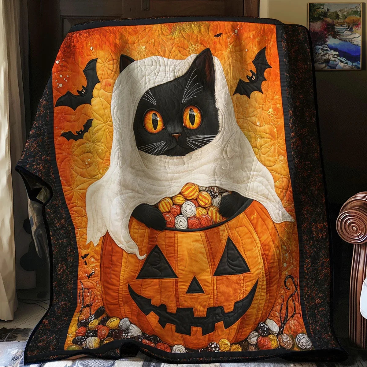 Spooky Halloween Cat Quilt Blanket