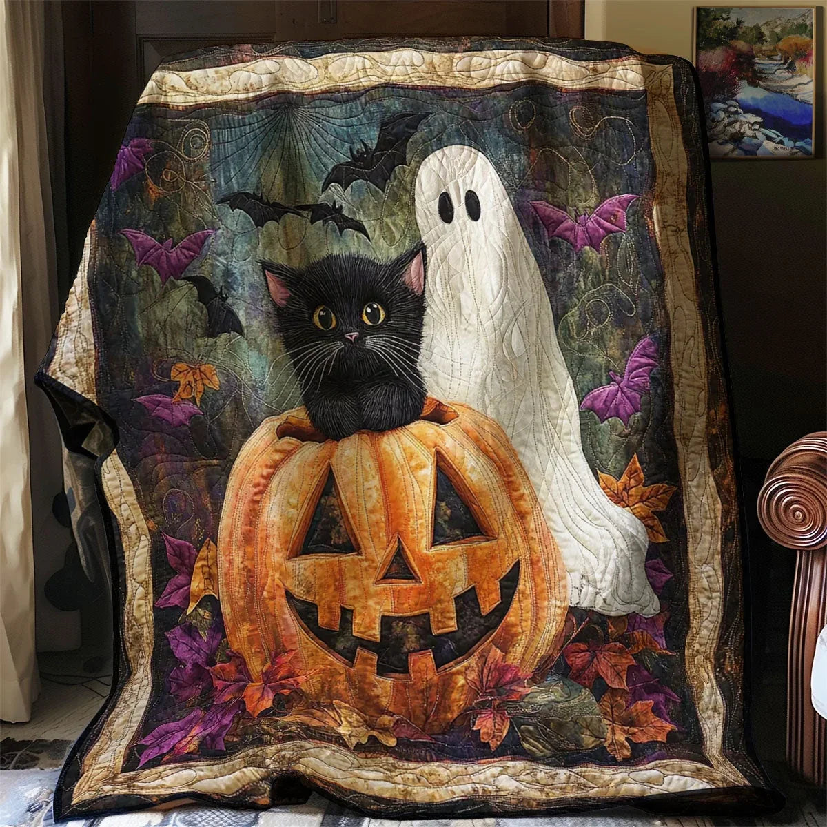 Spooky Halloween Cat Quilt Blanket