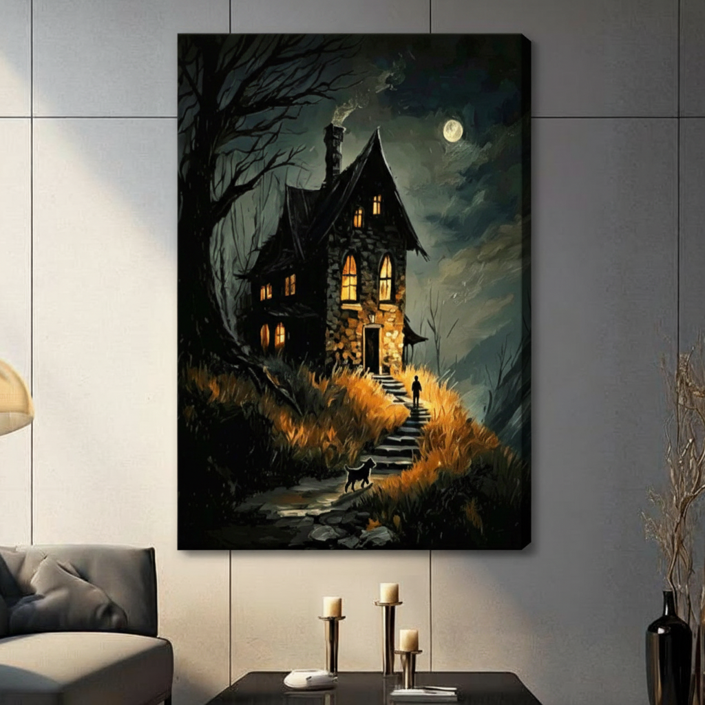 Gothic Moonlit Stone Cottage Canvas Wall Art