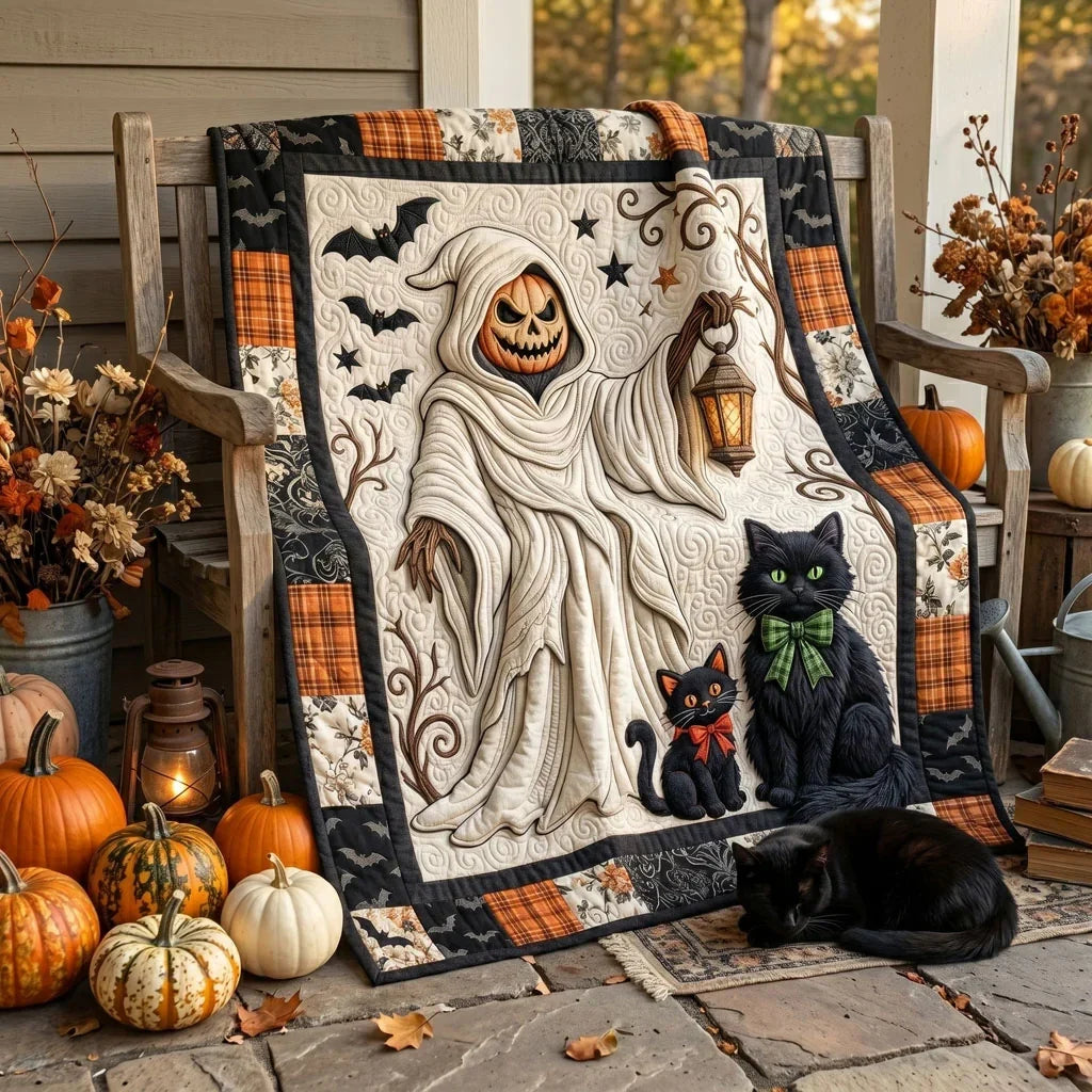 Spooky Lantern Ghost Cat Quilt Blanket