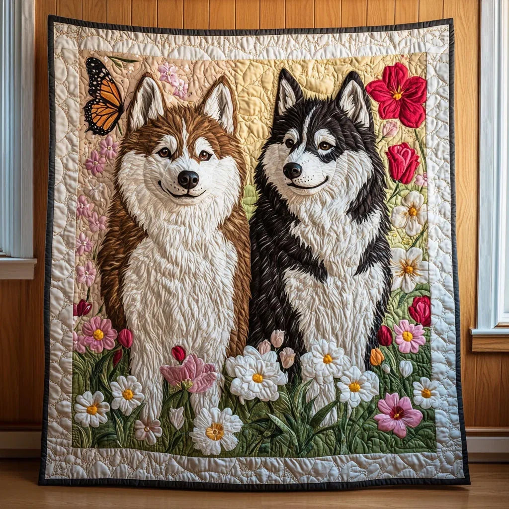 Springtime Huskies Quilt Blanket