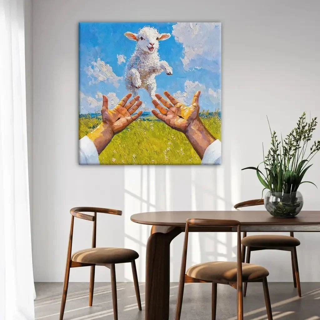 a lamb jumps into jesus arms christian wall art canvas (Landscape) (view 11)