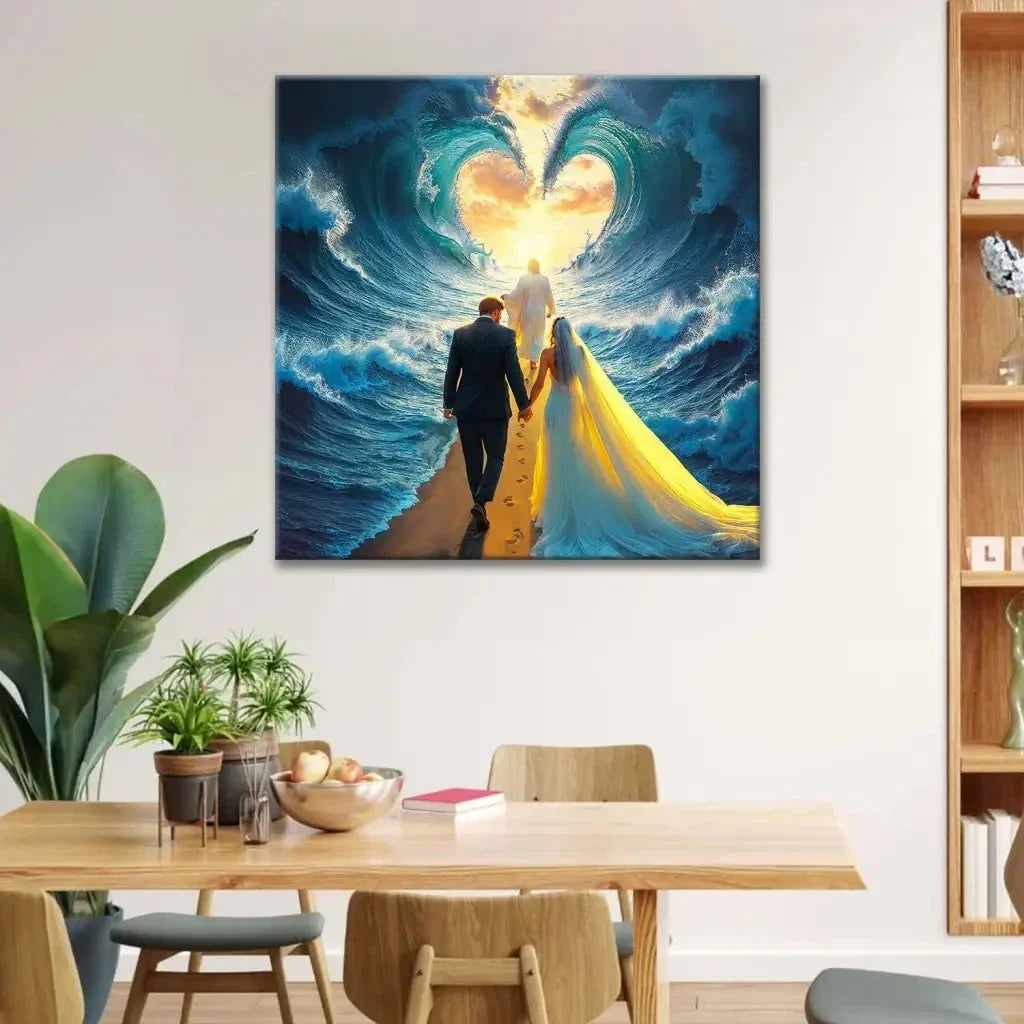 jesus leading a married couple through parted sea wall art canvas (view 12)