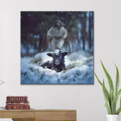jesus running to rescue a lost sheep in a snowy forest wall art canvas (Landscape) (view 13)