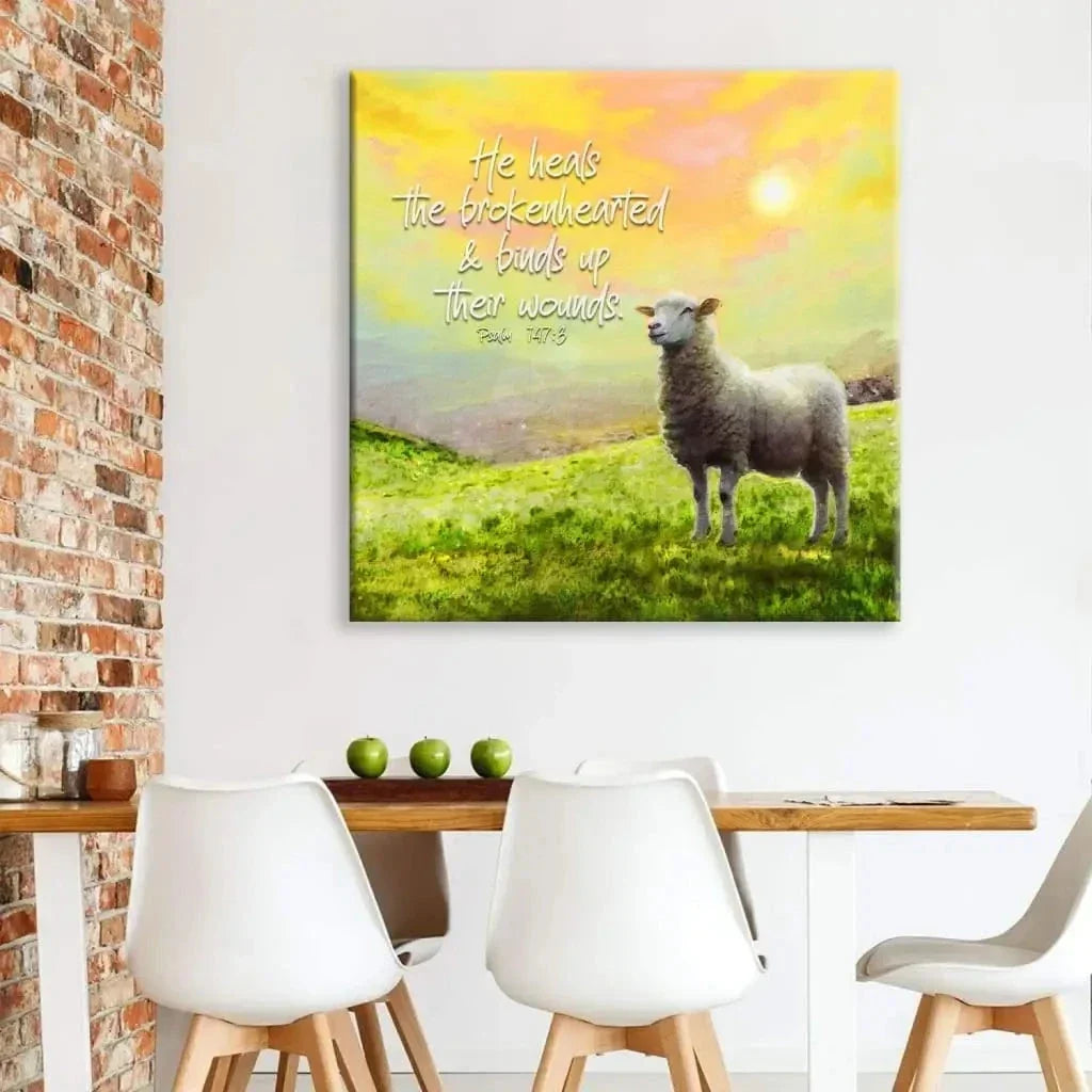 psalm 147 3 he heals the brokenhearted sheep christian wall art canvas (Landscape) (view 9)