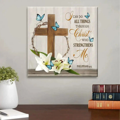 i can do all things through christ wooden cross lily flower butterflies wall art canvas (Landscape) (view 12)