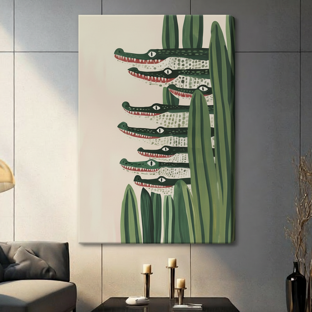 Crocodile Stack Reeds Canvas Wall Art