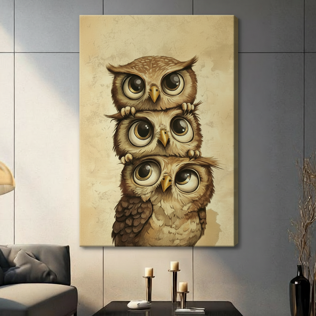 Cute Stacked Owls Vintage Canvas Wall Art