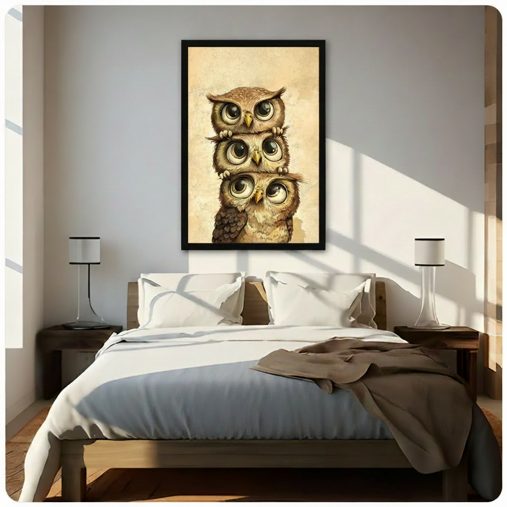 Cute Stacked Owls Vintage Canvas Wall Art
