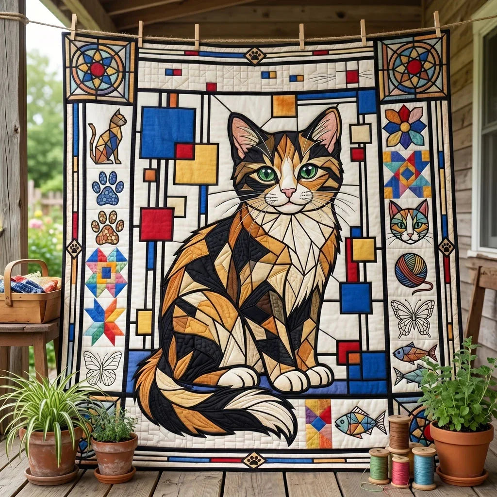 Stained Glass Calico Cat Quilt Blanket