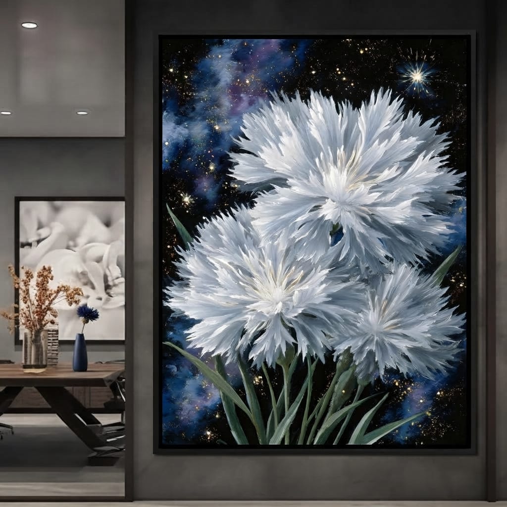 Starlit White Mum Bouquet Canvas Wall Art