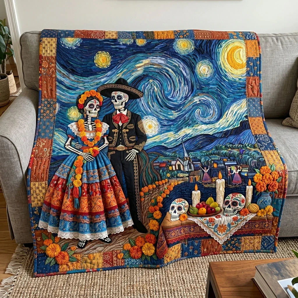 Starry Night Sugar Skull Romance Quilt Blanket