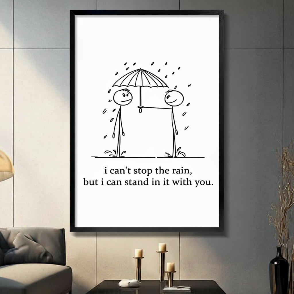 Stick Figure Rain Love Quote Canvas Print Wall Art