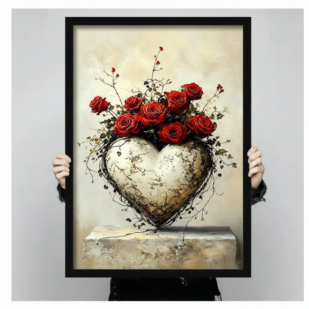 Stone Heart Red Roses Gothic Romantic Canvas Art