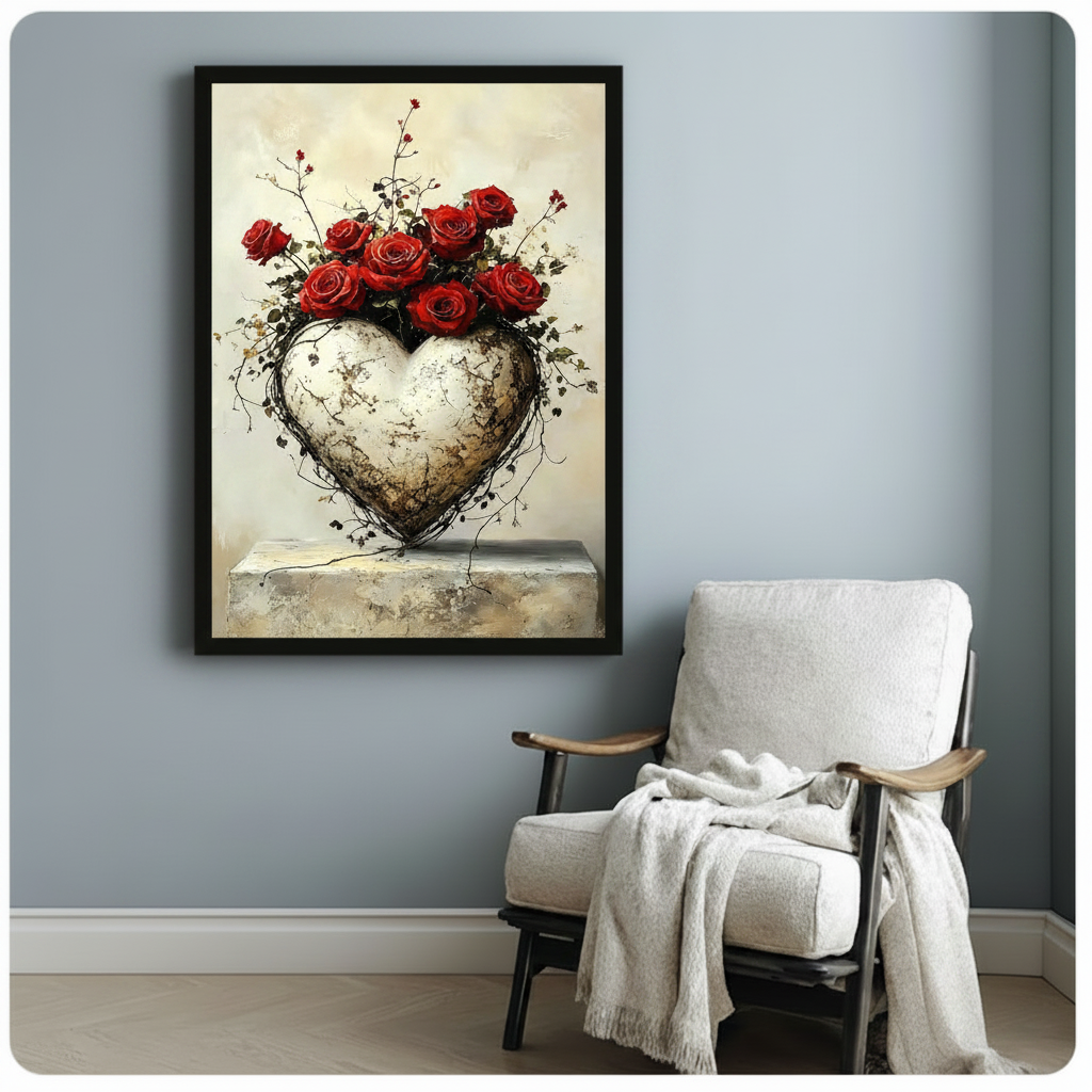 Stone Heart Red Roses Gothic Romantic Canvas Art