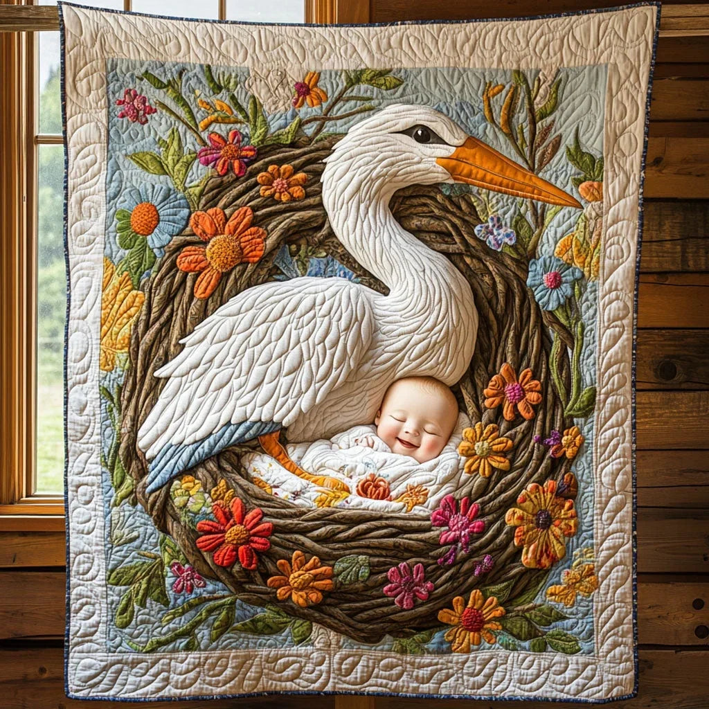 Stork And Baby Quilt Blanket