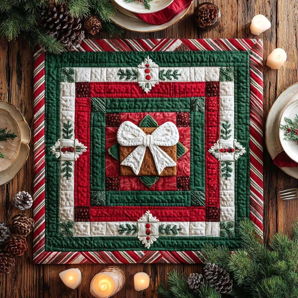 Striped Christmas Bow Quilted Table Topper