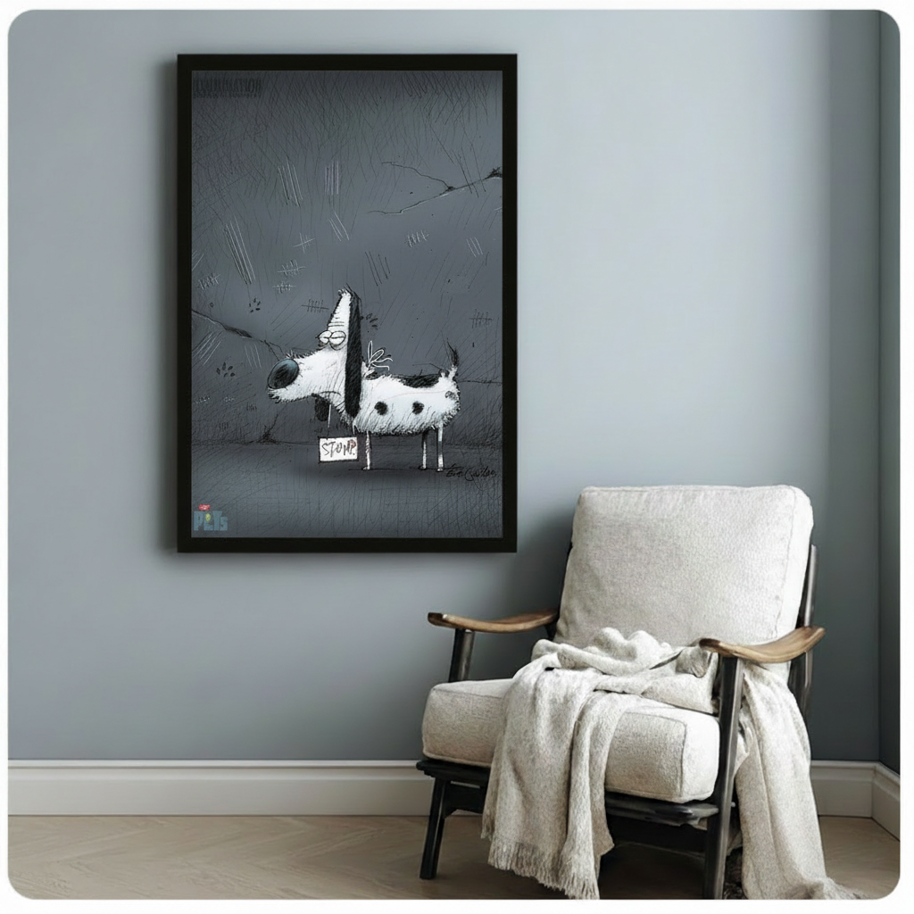 Stump Graffiti Dog Sketch Dark Grey Canvas Wall Art