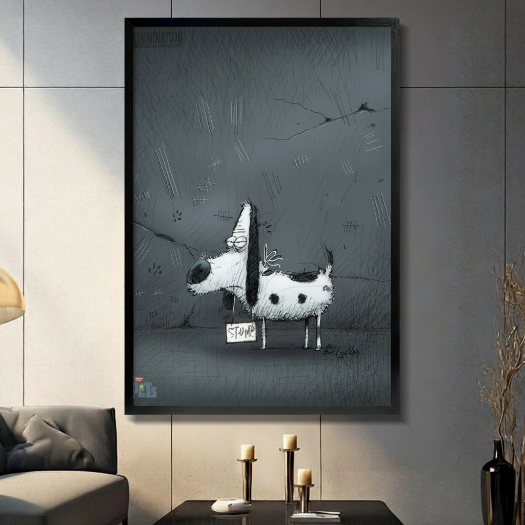 Stump Graffiti Dog Sketch Dark Grey Canvas Wall Art