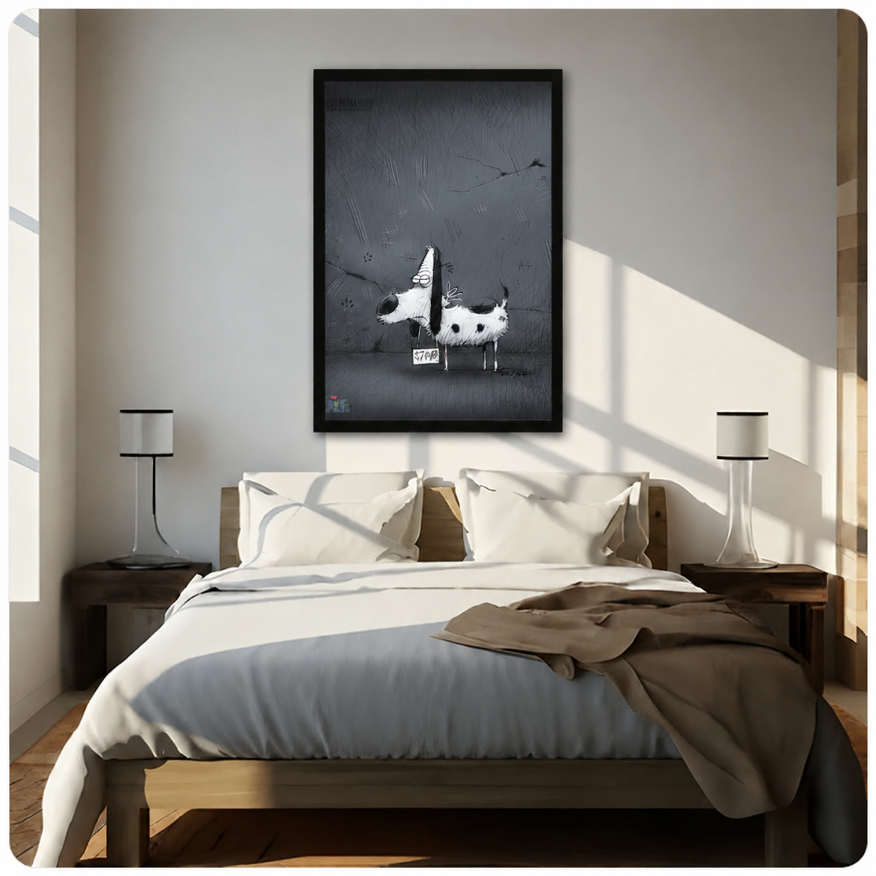 Stump Graffiti Dog Sketch Dark Grey Canvas Wall Art