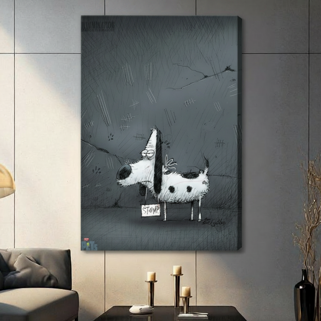 Stump Graffiti Dog Sketch Dark Grey Canvas Wall Art