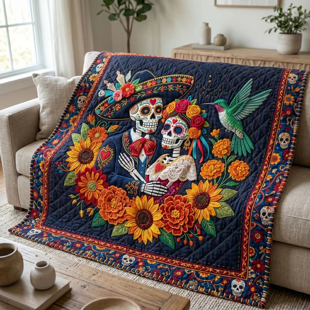 Sugar Skull Sunflower Love Quilt Blanket