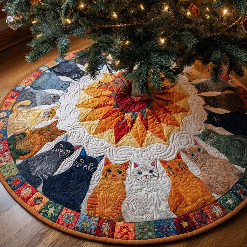 Sunburst Cat Gathering Quilted Tree Skirt
