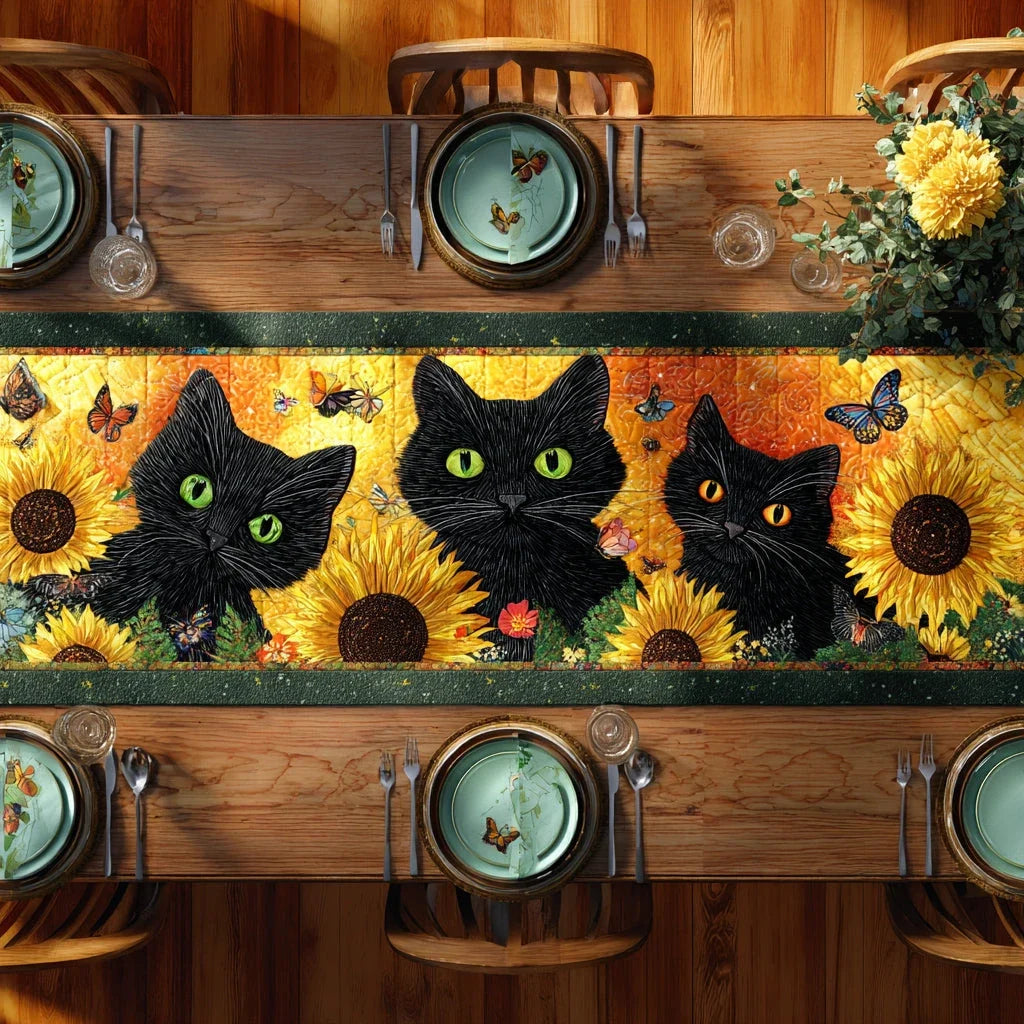 Sunflower Cat Field Quilted Table Runner