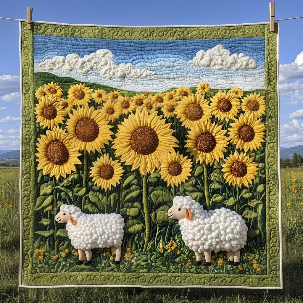 Sunflower Field And White Sheep Quilt Blanket