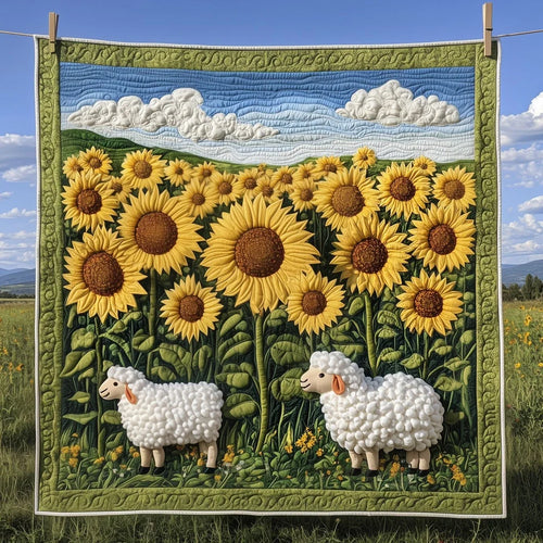 Sunflower Field And White Sheep Quilt Blanket