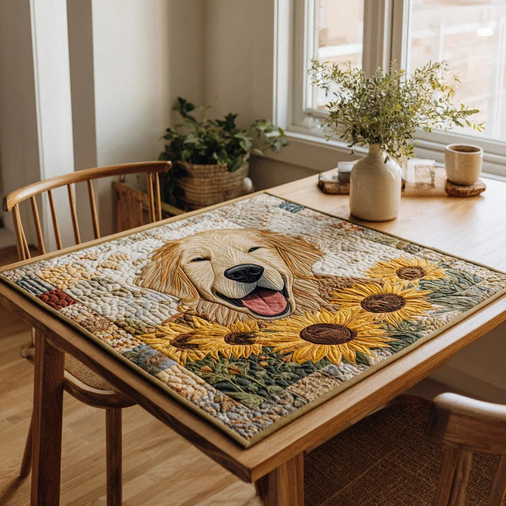 Sunflower Golden Retriever Quilted Table Topper