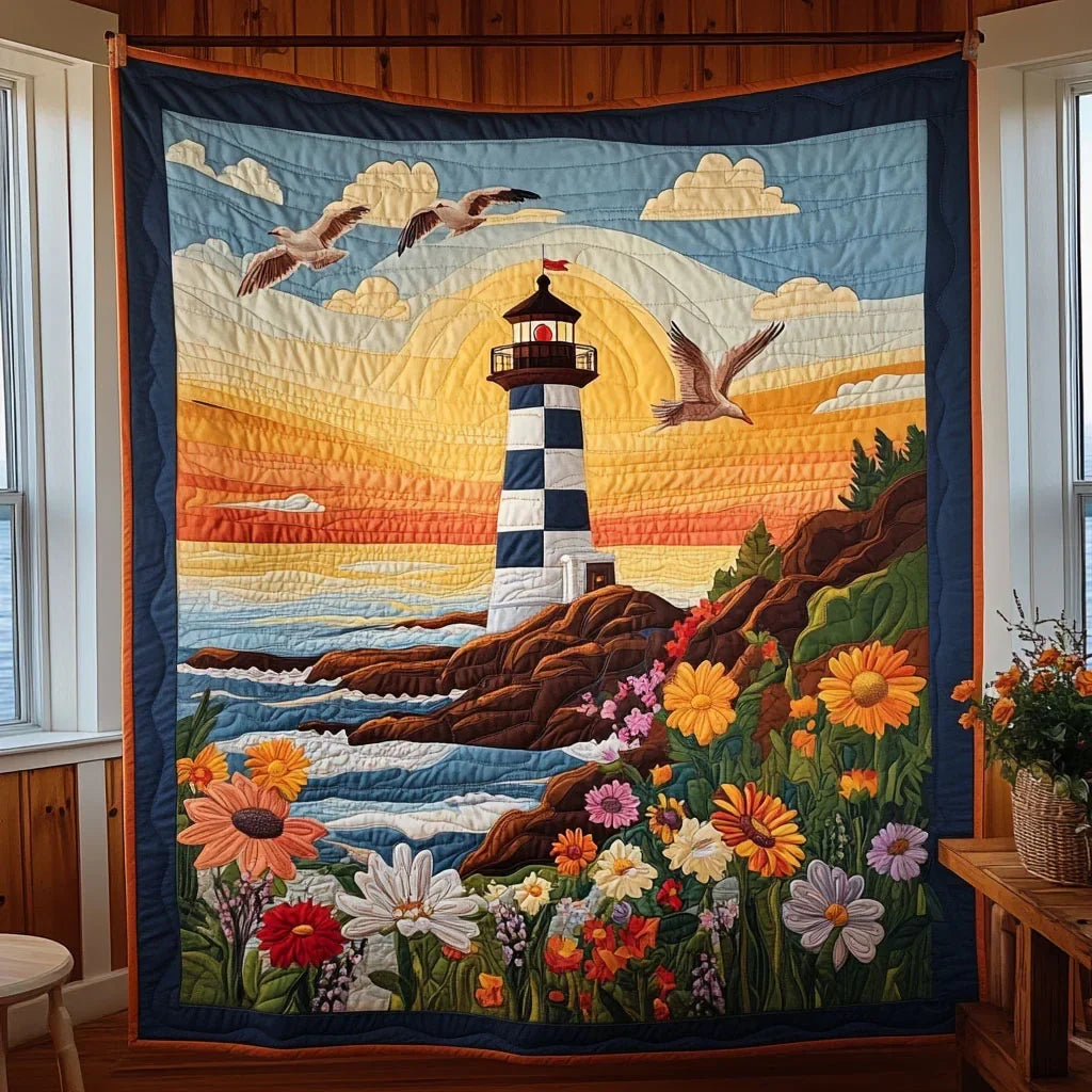 Sunrise Lighthouse Coastal Quilt Blanket