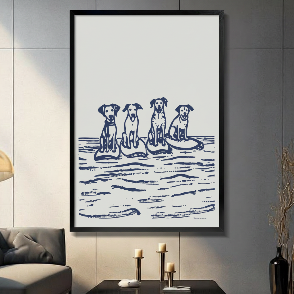 Surfing Dogs Nautical Canvas Wall Art Print