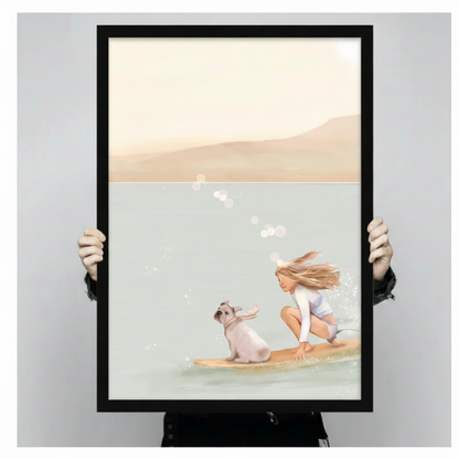Surf Girl Dog Coastal Canvas Wall Art