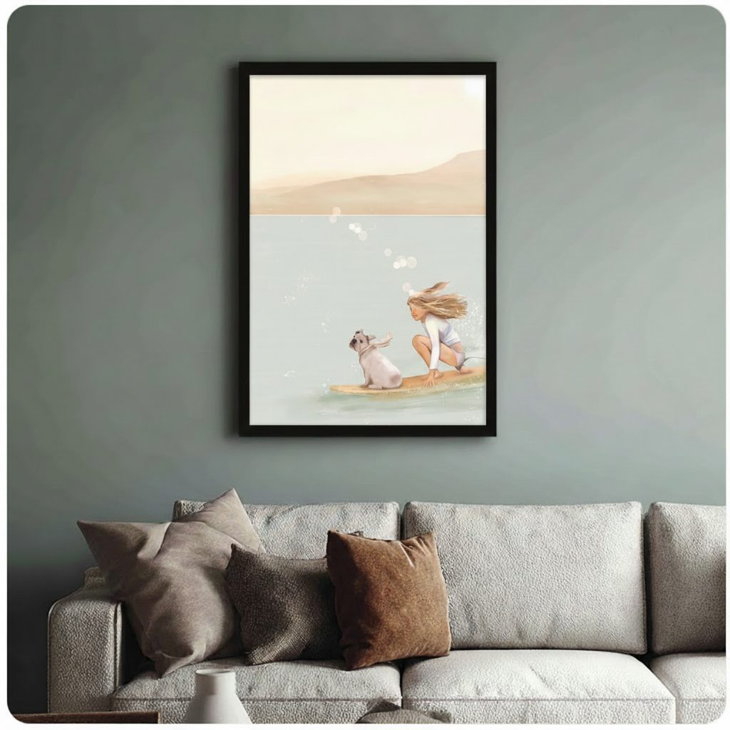 Surf Girl Dog Coastal Canvas Wall Art
