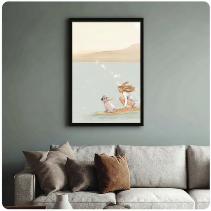 Surf Girl Dog Coastal Canvas Wall Art
