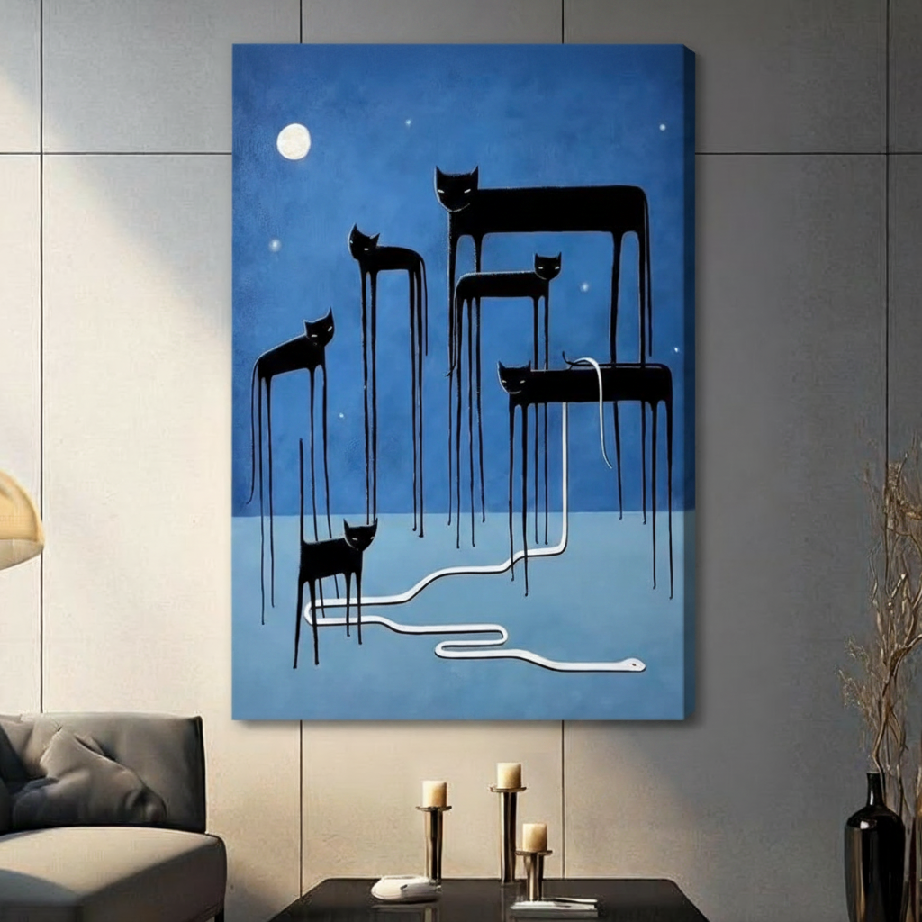 Surreal Moonlit Cats Snake Blue Canvas Wall Art