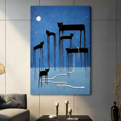 Surreal Moonlit Cats Snake Blue Canvas Wall Art