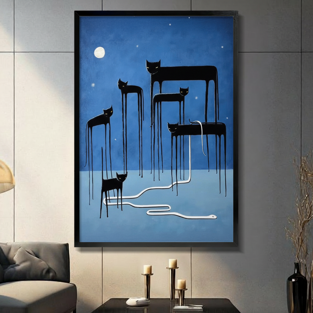 Surreal Moonlit Cats Snake Blue Canvas Wall Art