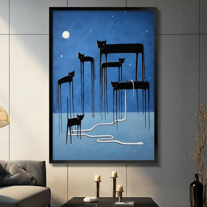 Surreal Moonlit Cats Snake Blue Canvas Wall Art
