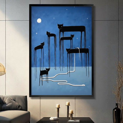 Surreal Moonlit Cats Snake Blue Canvas Wall Art
