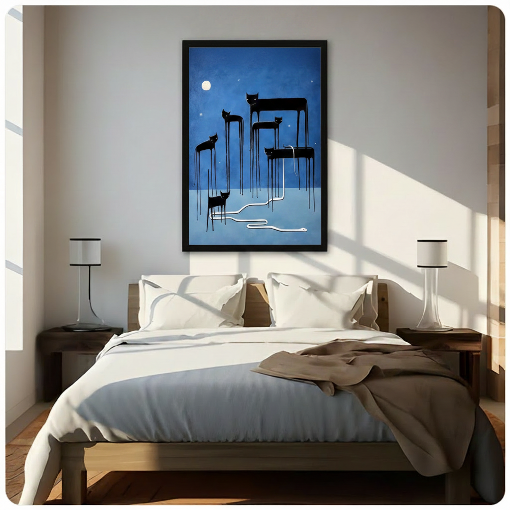 Surreal Moonlit Cats Snake Blue Canvas Wall Art