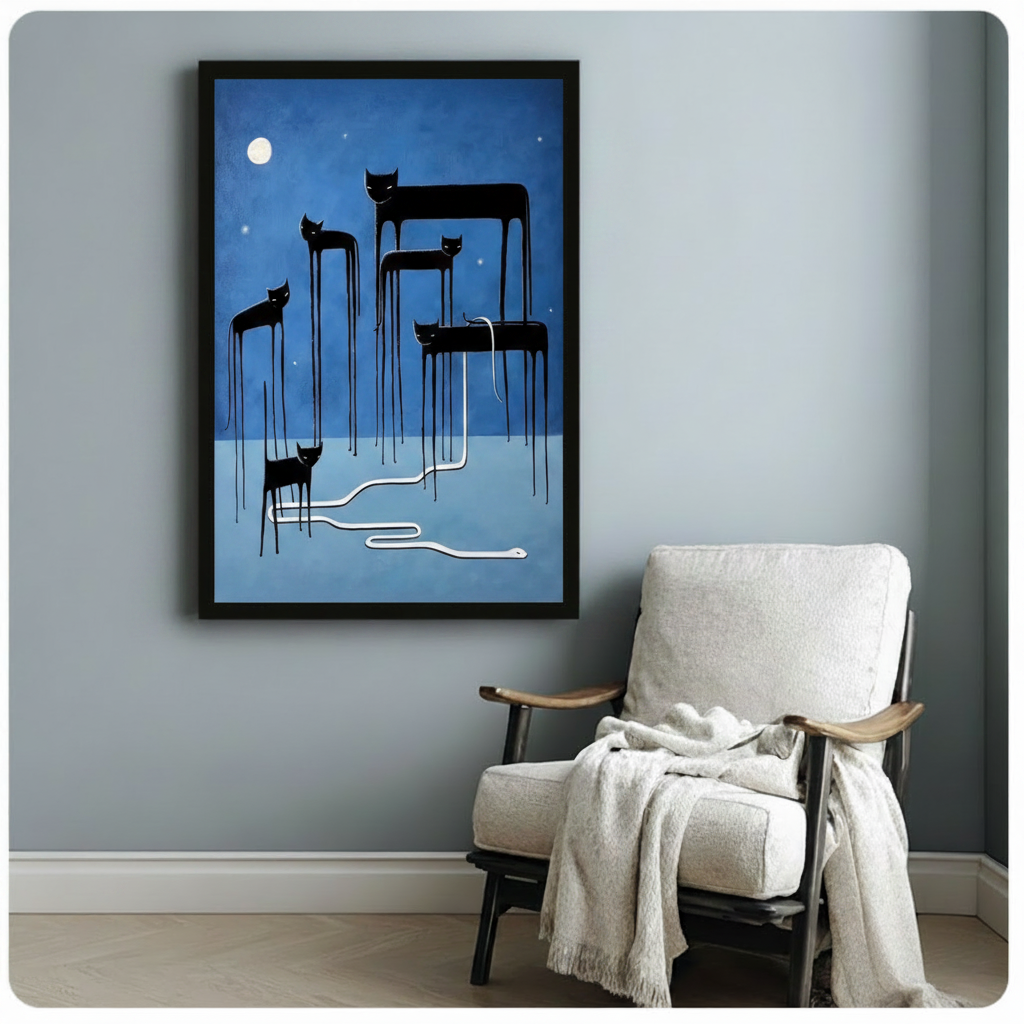 Surreal Moonlit Cats Snake Blue Canvas Wall Art