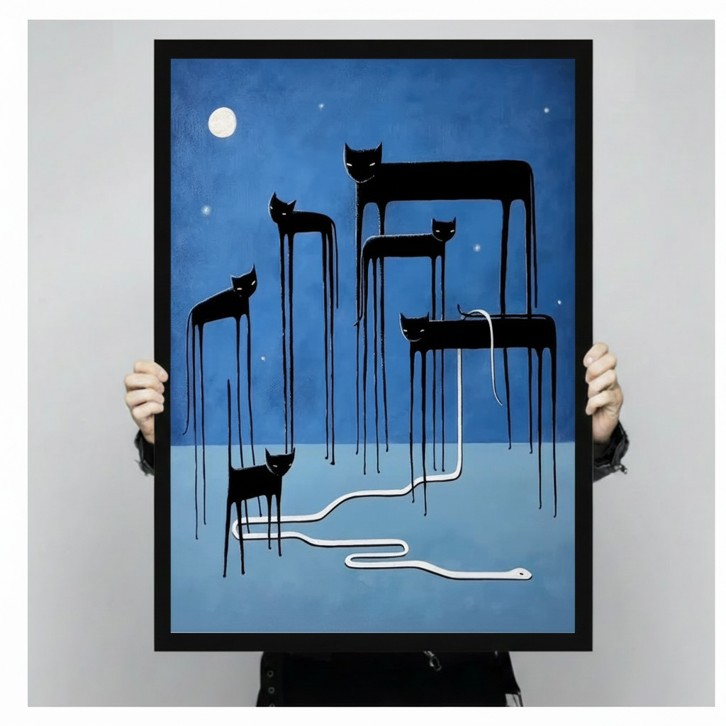 Surreal Moonlit Cats Snake Blue Canvas Wall Art