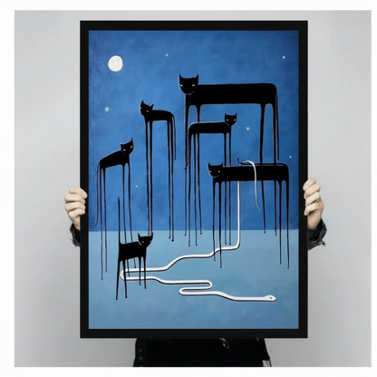 Surreal Moonlit Cats Snake Blue Canvas Wall Art