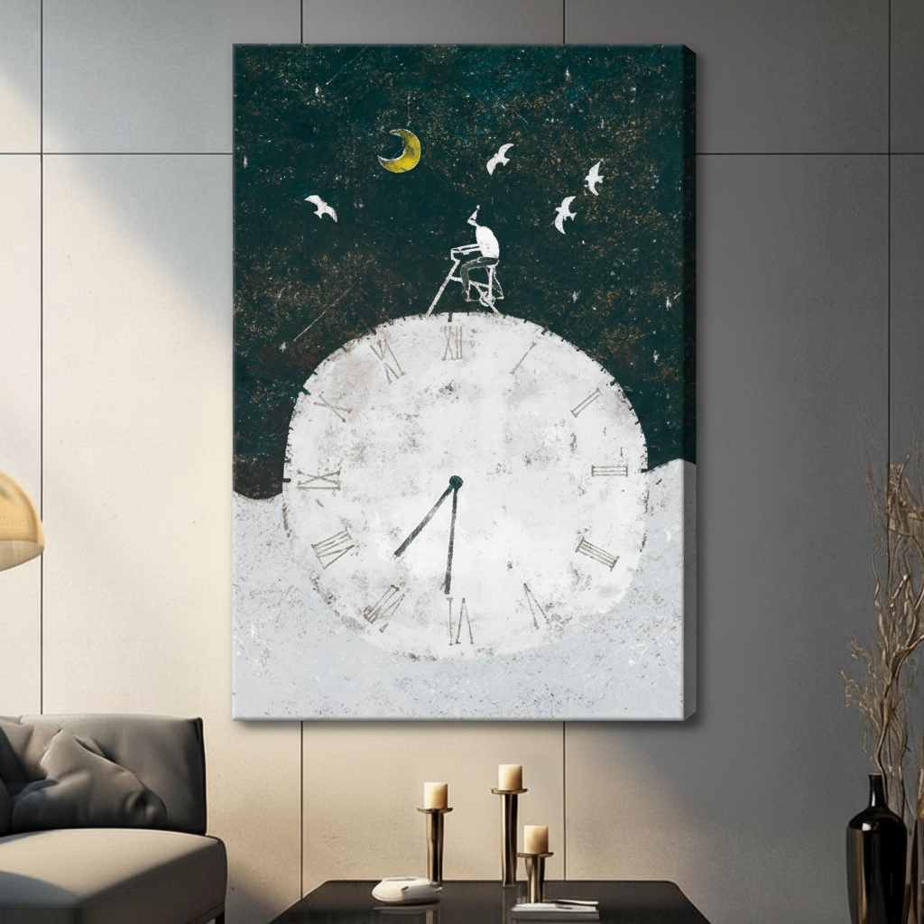 Giant Clock Moon Night Sky Surreal Canvas Art