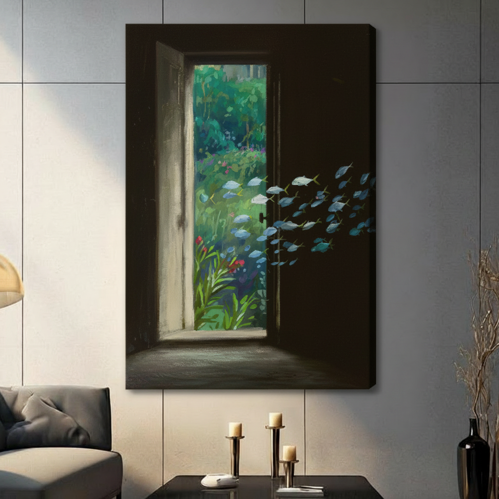 Surreal Door Fish Garden Framed Canvas Wall Art