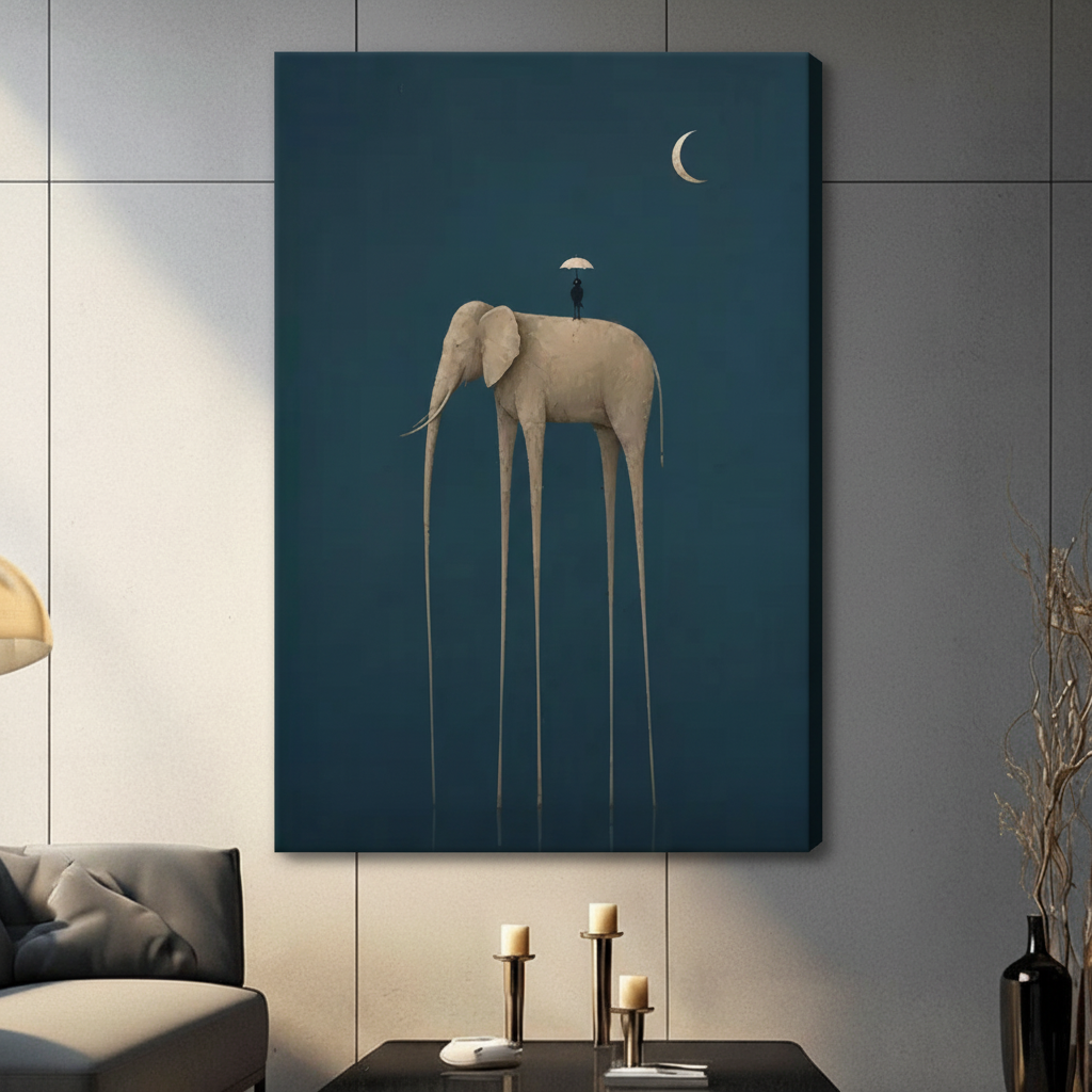 Surreal Long-Leg Elephant Teal Minimalist Canvas Art