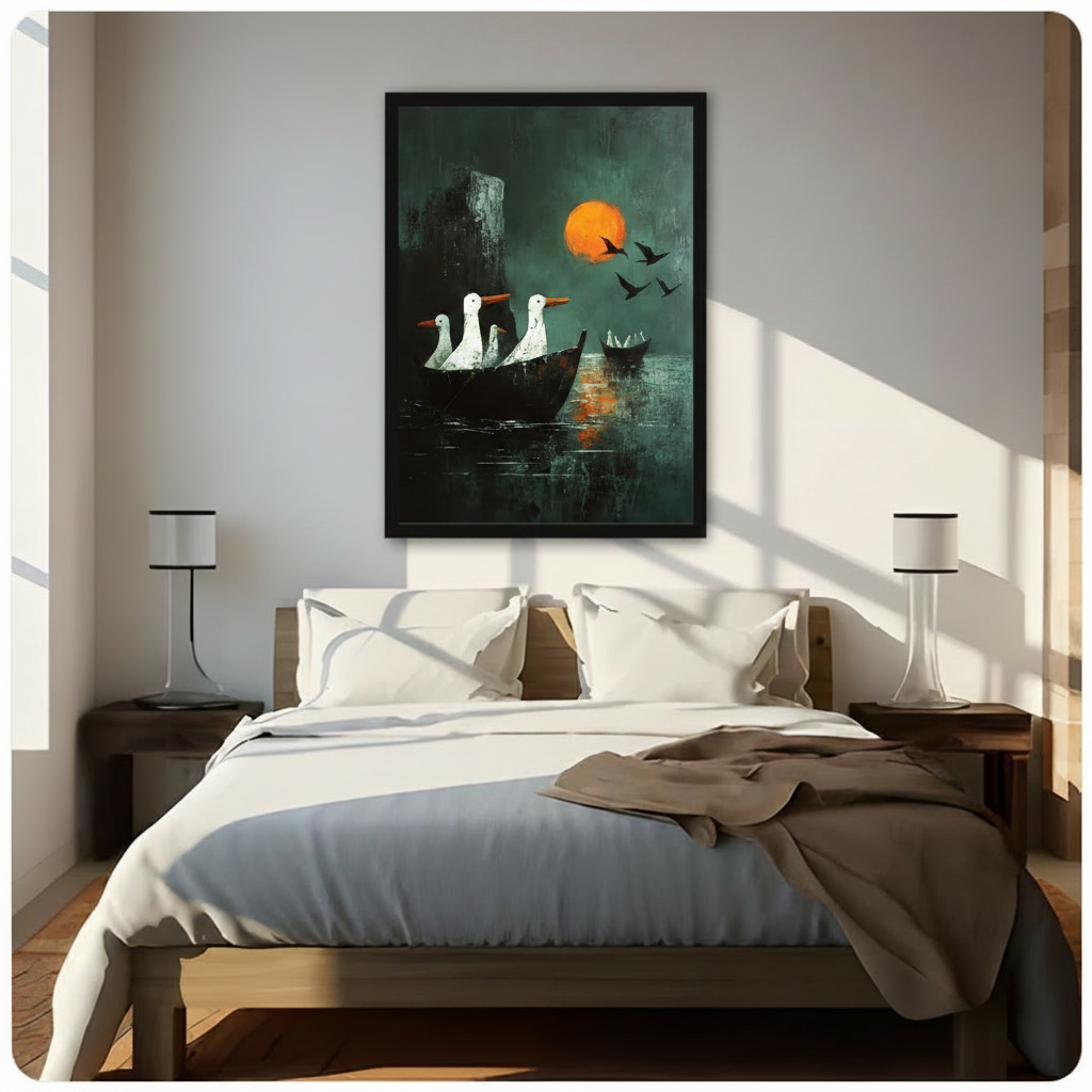 Geese Boat Orange Moon Dark Canvas Art Wall Art